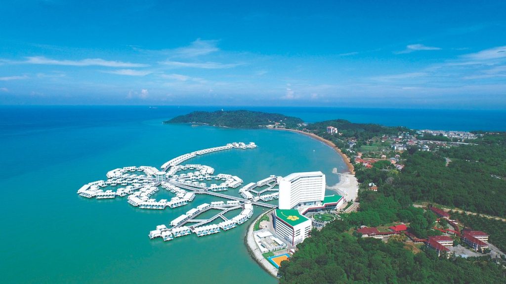 Aerial view of flower-shaped overwater villas and coastline resort in Port Dickson, Negeri Sembilan, Malaysia